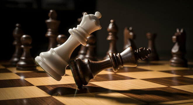 Chess game, white queen triumphant over fallen dark king Generative AI