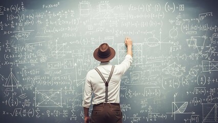 A man in a hat and suspenders writes on a chalkboard covered in complex mathematical equations and formulas. Surreal Silliness concept Background