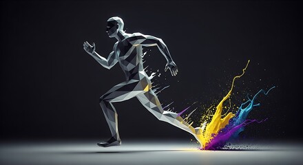 Geometric runner creating colorful paint splash, polygonal figure in motion, dynamic art, abstract design, dark background with bright accents