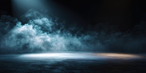 Fototapeta premium Ethereal fog billows in a spotlighted, dark, industrial space