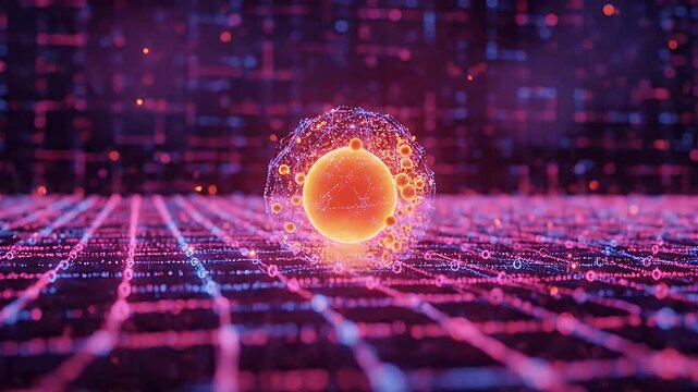 Abstract glowing cell nucleus with digital grid background.