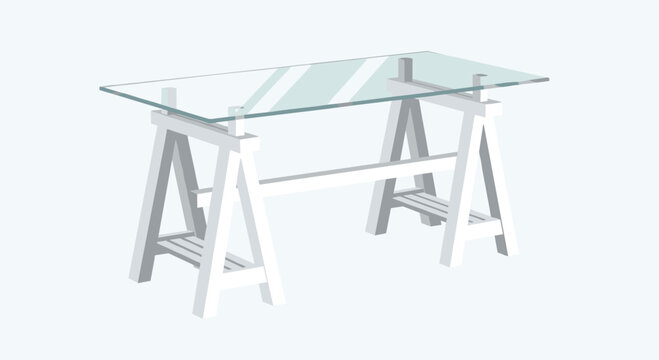 Modern Glass Top Desk with White Sawhorse Trestle Legs Vector Illustration for Architect Workspace Creative Studio and Minimalist Home Office Interior Design