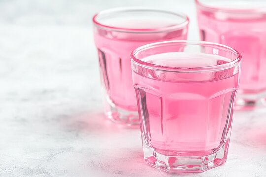 String of shot glasses with pink liqueur inside. White background, copy space