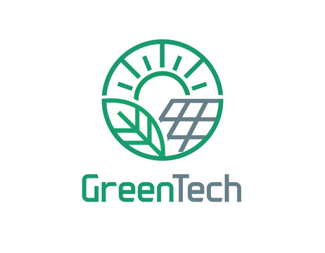 Green Tech Eco Energy Logo, Renewable Power, Sustainable Technology, Clean Energy, Solar Leaf Icon, Environmental Startup Branding, Renewable Electricity, Photovoltaic Installation.