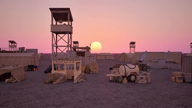 Moving past a deserted military base in a barren desert at sunset.