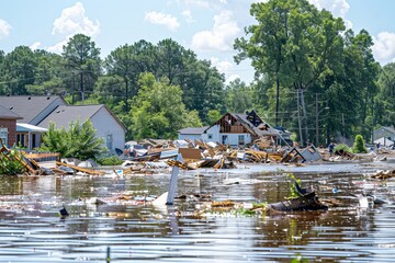 Hurricane causes massive flooding and destruction of homes in residential neighborhood disaster area