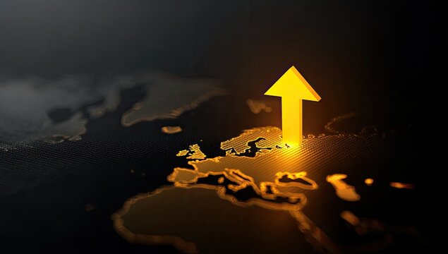 Golden arrow pointing up from Europe on a dark, textured map