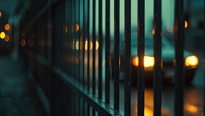 Metal fence in foreground, blurry car headlights and city lights behind