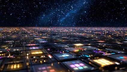 Vast, glowing cityscape unfolds beneath a starry, cosmic expanse