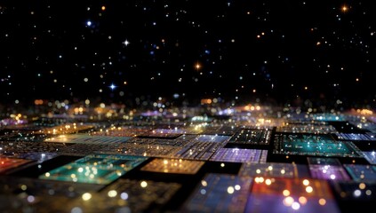 Illuminated circuit boards form a digital galaxy with bokeh lights