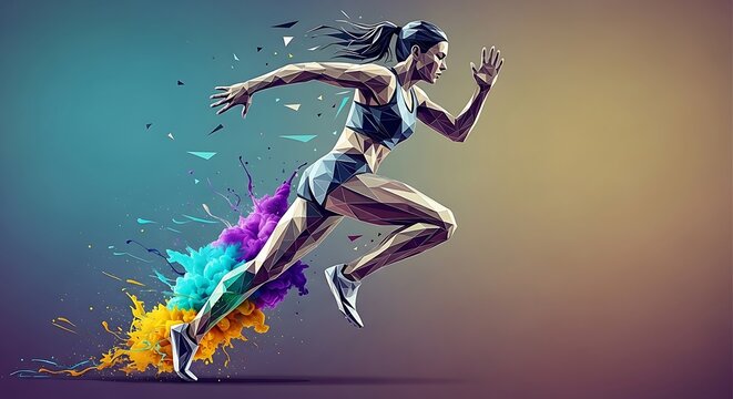 Running female athlete low poly geometric illustration with vibrant color powder explosion abstract sports art concept on gradient background creative movement