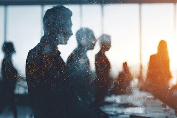Silhouetted figures in a meeting room overlaid with a digital network graphic