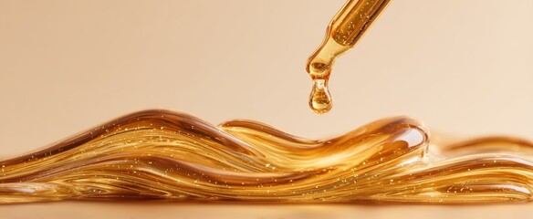 Golden liquid drips from dropper onto wavy, shimmering substance