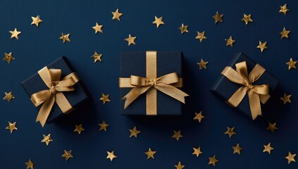 Three dark blue gift boxes with gold ribbons on a navy background with stars