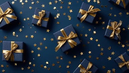 Dark blue gift boxes with gold ribbons scattered among gold stars