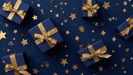 Dark blue gift boxes with gold ribbons scattered amongst golden stars