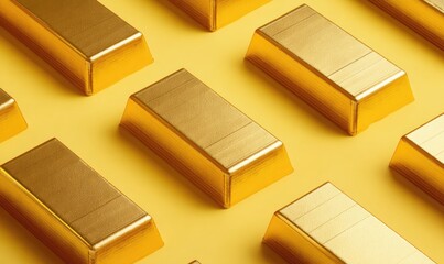 Rows of shiny, metallic gold bars on a bright yellow background
