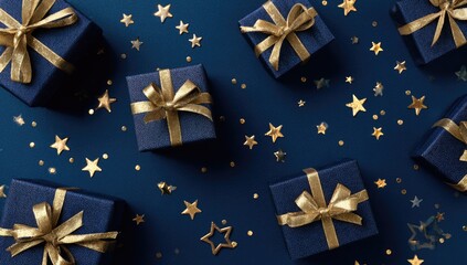 Navy blue gift boxes with gold ribbon and stars on dark blue
