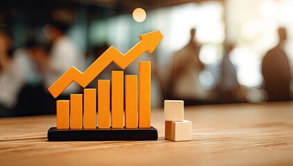 Orange bar chart with upward trend arrow on wooden table, blurred background