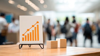 Upward trending graph on stand, with wooden blocks, blurred people background