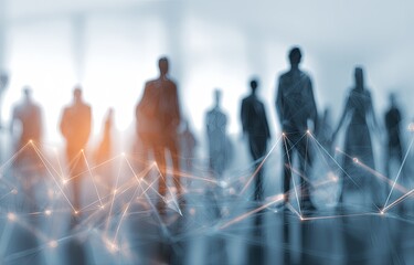 Silhouettes of people connected by glowing lines against a bright, abstract background