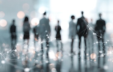 Silhouetted figures connected by abstract network lines, soft focus bokeh