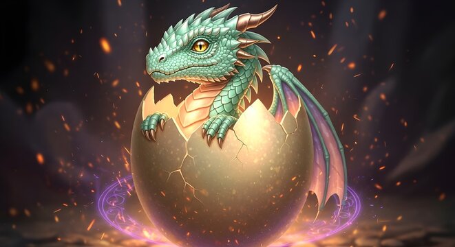 Emerging dragon hatching from glowing egg in magical fantasy scene