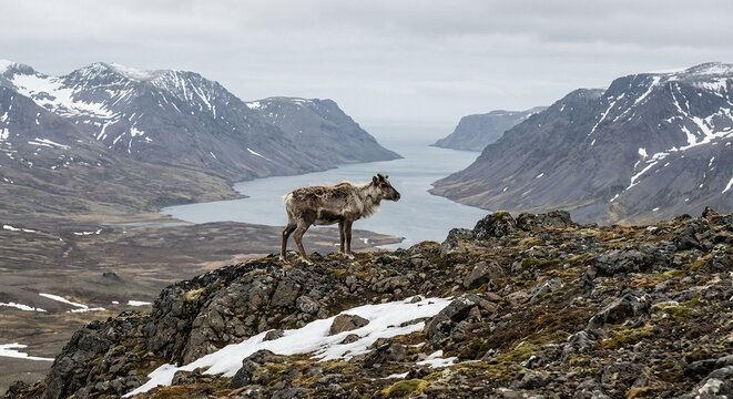 Wild reindeer standing on volcanic ridge in desolate Kerguelen Islands sub-Antarctic landscape