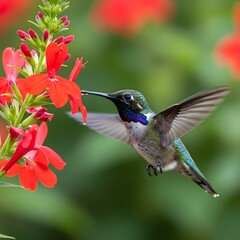 Fototapeta premium Colorful Hummingbird Drinking Nectar From Red Flower