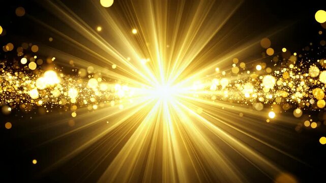 Bright golden starburst with bokeh particles against a dark background