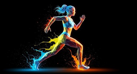Abstract dynamic runner exploding into vibrant colorful paint splashes and geometric shards movement blur on black background high energy fitness