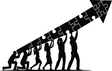 Teamwork and collaboration lifting a large puzzle arrow upwards, vector illustration
