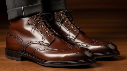 Pair of elegant brown leather dress shoes with intricate brogue detailing and laces.