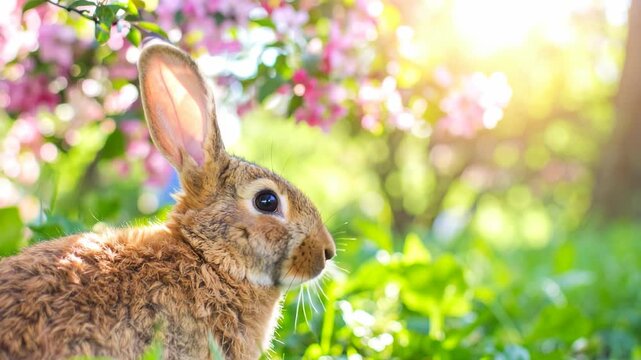 Close up of a fluffy rabbit's face in a sunlit garden with pink flowers