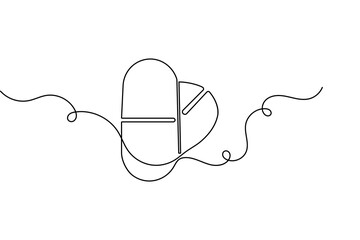Minimalist capsule pill outline in continuous one line drawing style isolated on white background © Habiza19721
