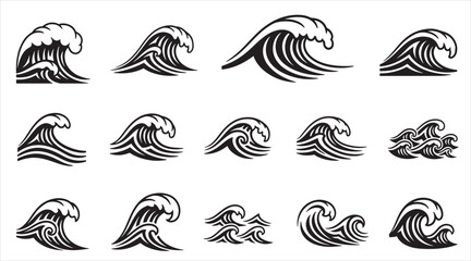 Obraz premium Set of Stylized Ocean Wave Silhouette Icons: Tribal Surf Graphics, Curled Sea Water Symbols, and Artistic Marine Splash Elements for Creative Branding