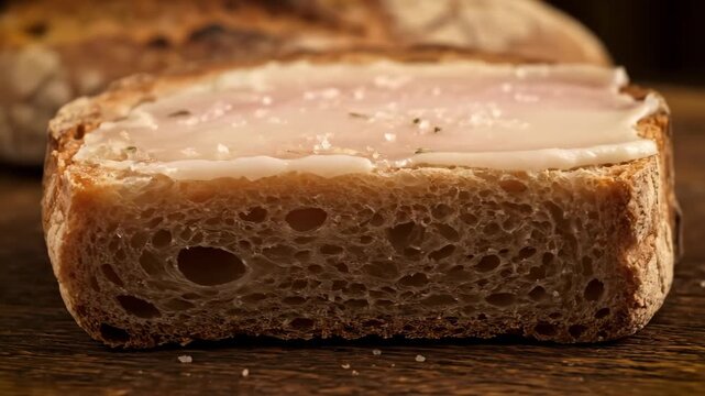 Close-up of a thick slice of rustic homemade bread topped with traditional spread pork lard (Salo or Smalec), seasoned with salt and spices on a dark wooden background.