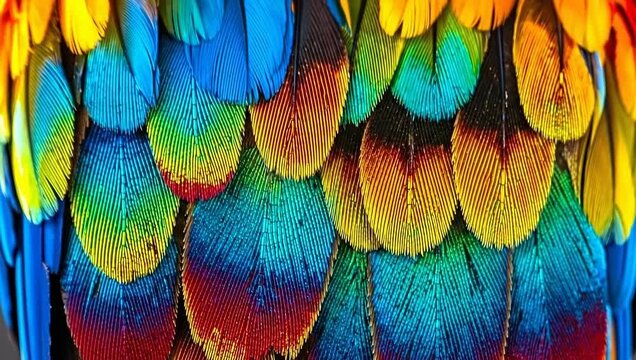 Close up macro shot of vibrant colorful parrot feathers showing intricate details and patterns.
