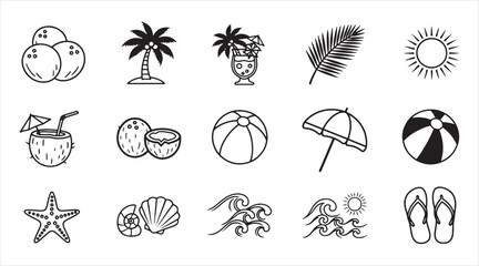 Obraz premium Set of Minimalist Summer Beach Vacation Icons: Tropical Coconut, Palm Tree, Sun, Sea Shell, and Starfish Outline Graphics for Travel Branding and Holiday Design
