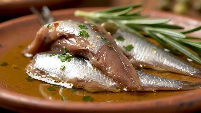 Close-up of Marinated Anchovies or Sardine Fillets (Boquerones) in Olive Oil and Vinegar, Garnished with Fresh Herbs on a Rustic Terracotta Plate