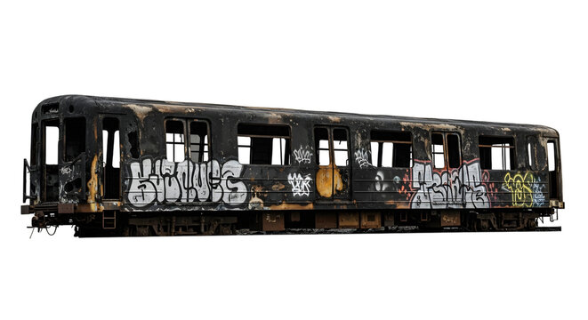 Graffiti covered train car on isolated on a transparent background vandalism urban decay
