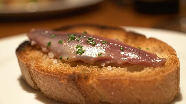 Close-up of Marinated Anchovy (Boquer��n en Vinagre) on Toasted Bread, Garnished with Sea Salt Flakes and Parsley, Served as a Spanish Tapa or Pintxo Appet