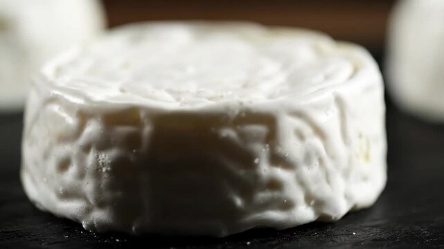 Macro Close-up of Artisan White Goat Cheese Wheel (Ch��vre) Featuring Textured Rind on a Dark, Moody Backgro