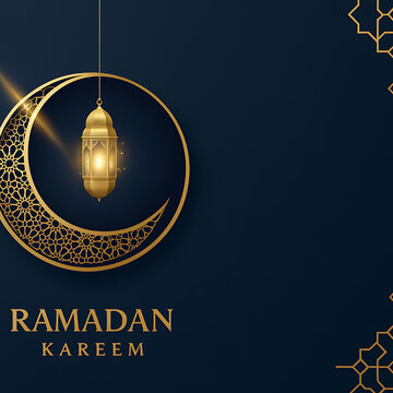 Ramadan kareem greeting card with golden crescent moon and lantern on dark blue background with arabic calligraphy