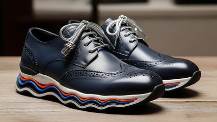 Stylish black leather dress shoes with colorful wavy sole details displayed