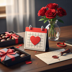 February 14 Valentine's Day calendar and decorations red rose and heart
