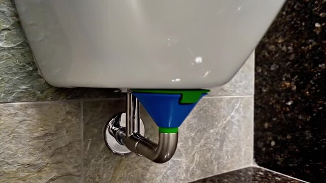 A white urinal mounted on a stone wall with a water pipe and a colorful object inside