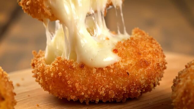 Extreme closeup of a freshly deep-fried croquette with a golden crispy breadcrumb crust and exposed creamy melted cheese filling on a rustic wooden background.