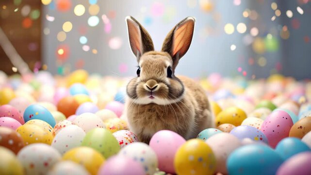 Fluffy bunny surrounded by colorful decorated Easter eggs in soft bokeh light