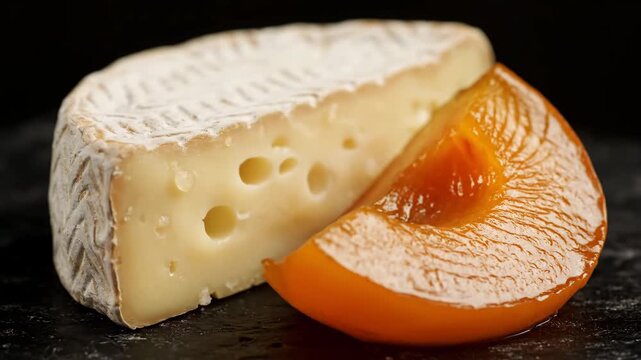 Close Up of Gourmet Artisan Cheese Wedge with Mold Rind and Distinctive Chevron Texture Paired with Bright Orange Glazed Fruit Preserve on a Dark Background.